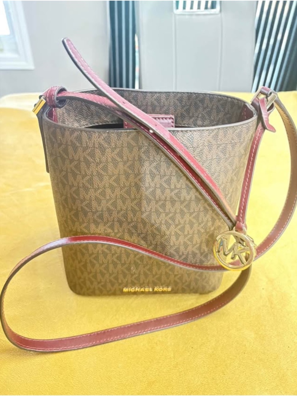 Michael Kors Brown MK Signature Crossbody with Burgundy Trim